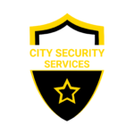 City Security Services Logo: black shield with yellow outline and a hollow yellow star