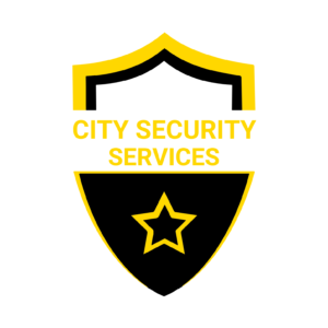 City Security Services Logo: black shield with yellow outline and a hollow yellow star